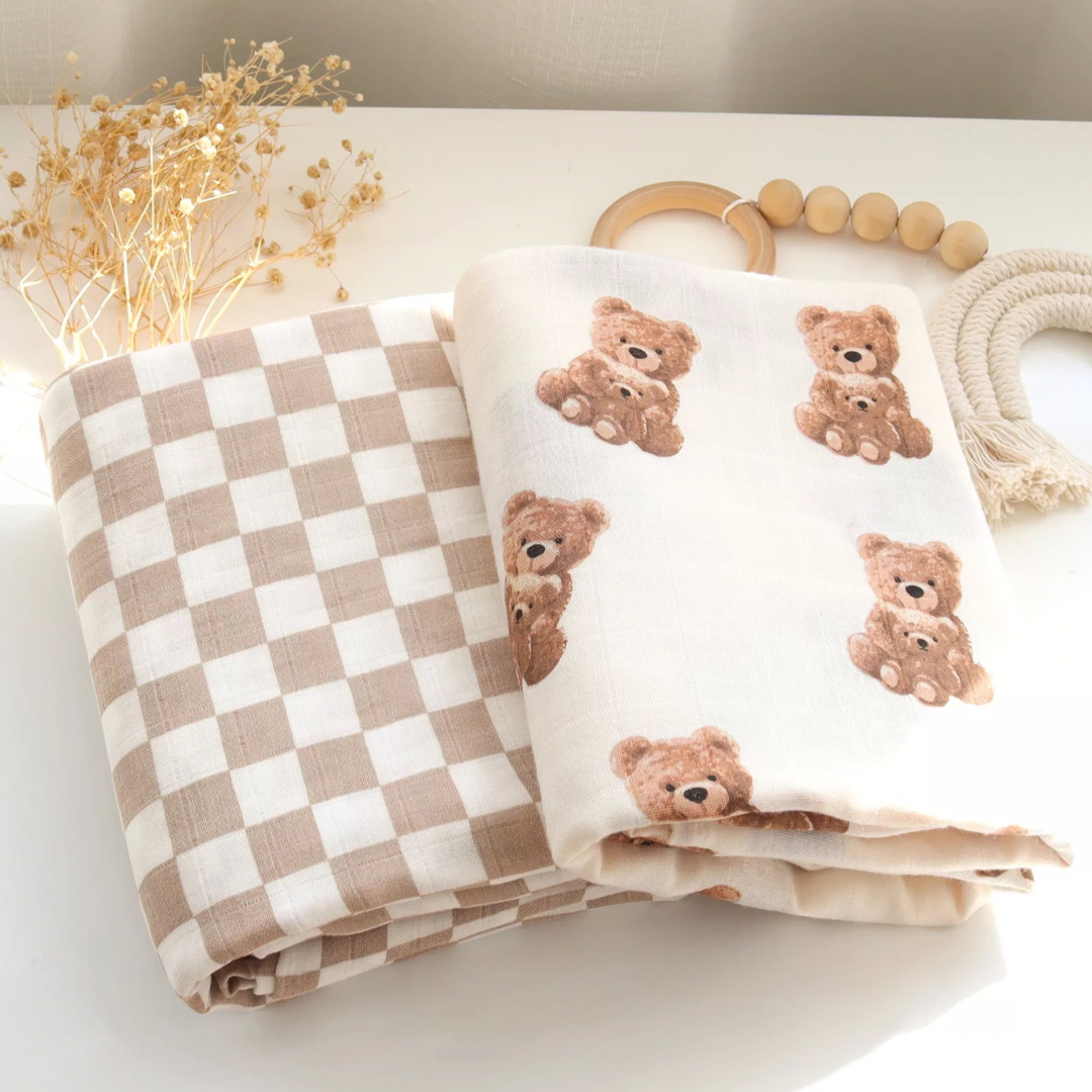small beige check & teddi bear