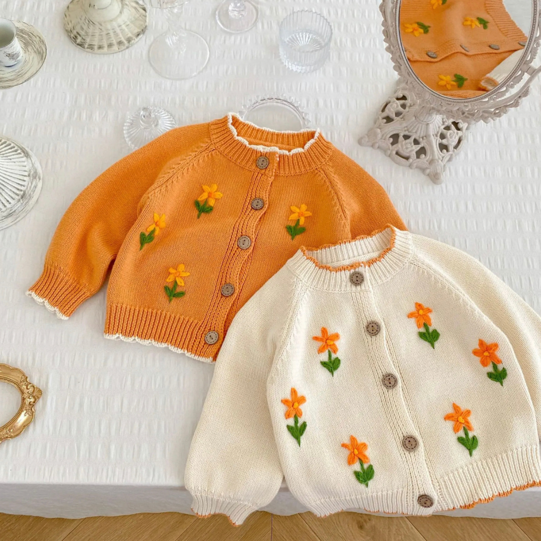 White & Orange cardigan with orange embroidery orange flowers