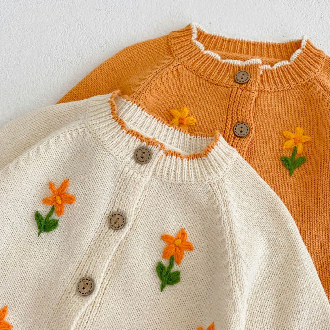 White & Orange cardigan with orange embroidery orange flowers