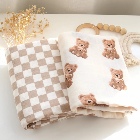small beige check & teddi bear 