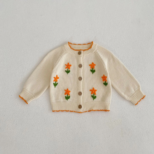 White cardigan with orange embroidery orange flowers  
